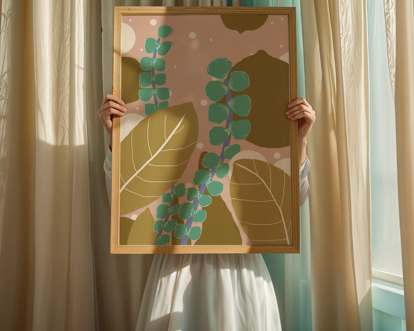 Abstract botanical design with green and golden leaves