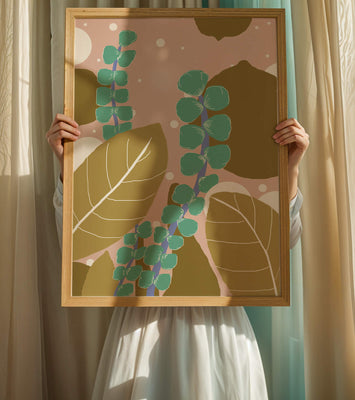 Abstract botanical design with green and golden leaves