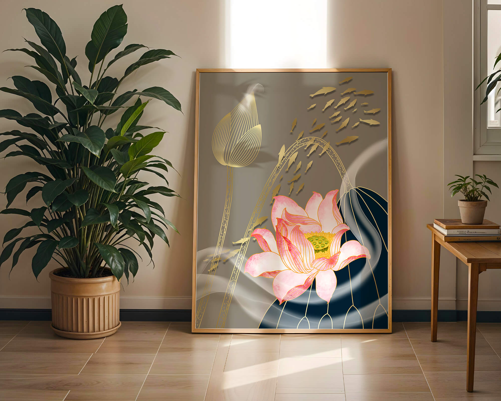 Elegant floral design with blooming lotus and golden fish accents