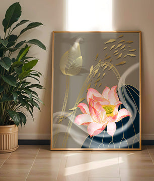 Elegant floral design with blooming lotus and golden fish accents