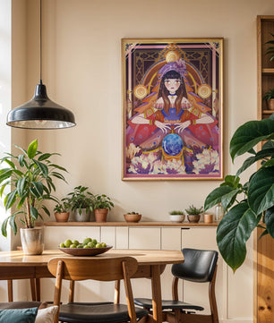 Obra de arte de fantasía con una adivina que tiene una bola de cristal y flores