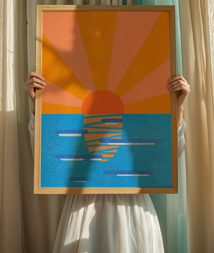 A vibrant sunrise illustration over the ocean with colorful rays