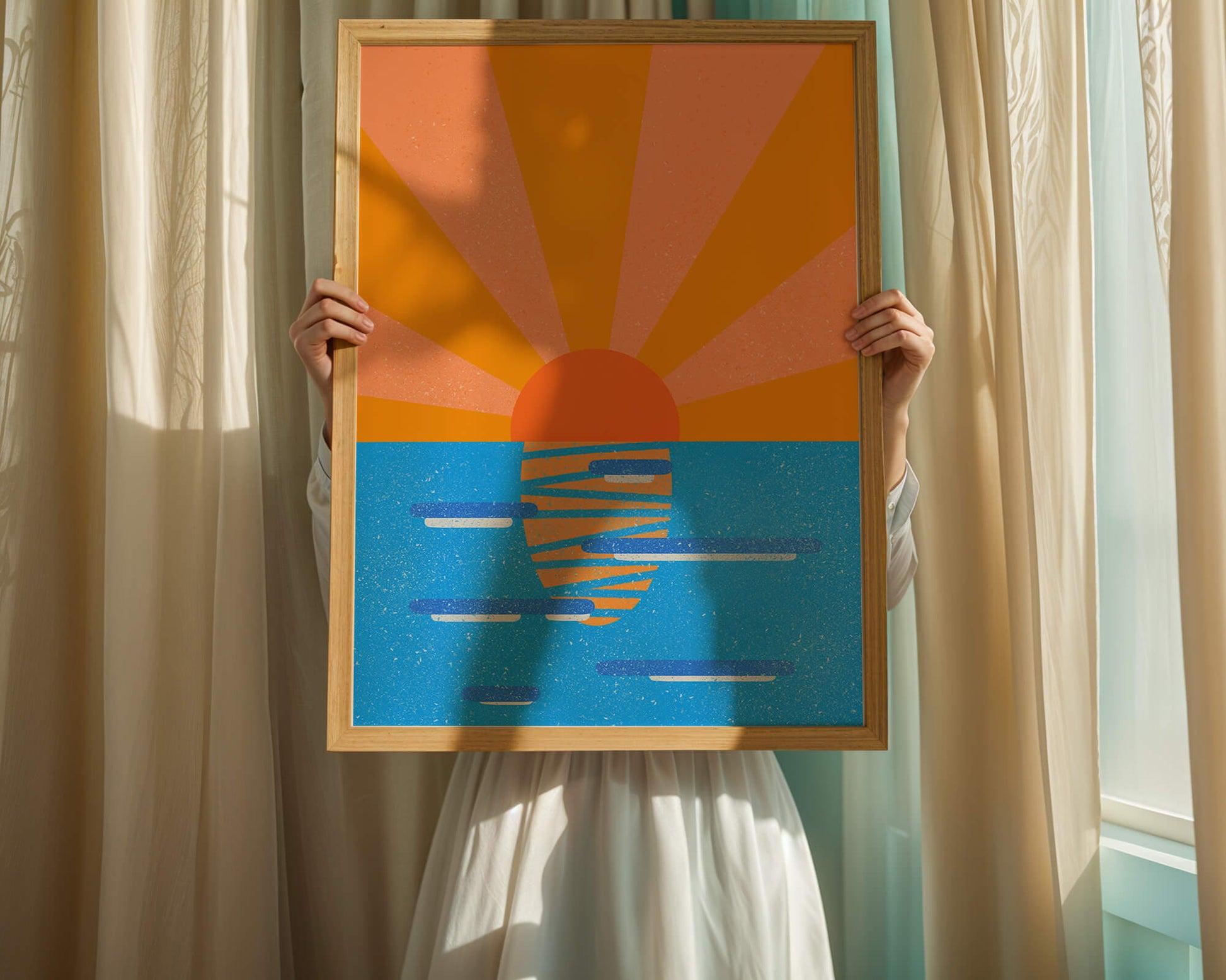 A vibrant sunrise illustration over the ocean with colorful rays