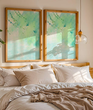 Serene Spring Scene with Birds and Leaves on a Light Blue Background
