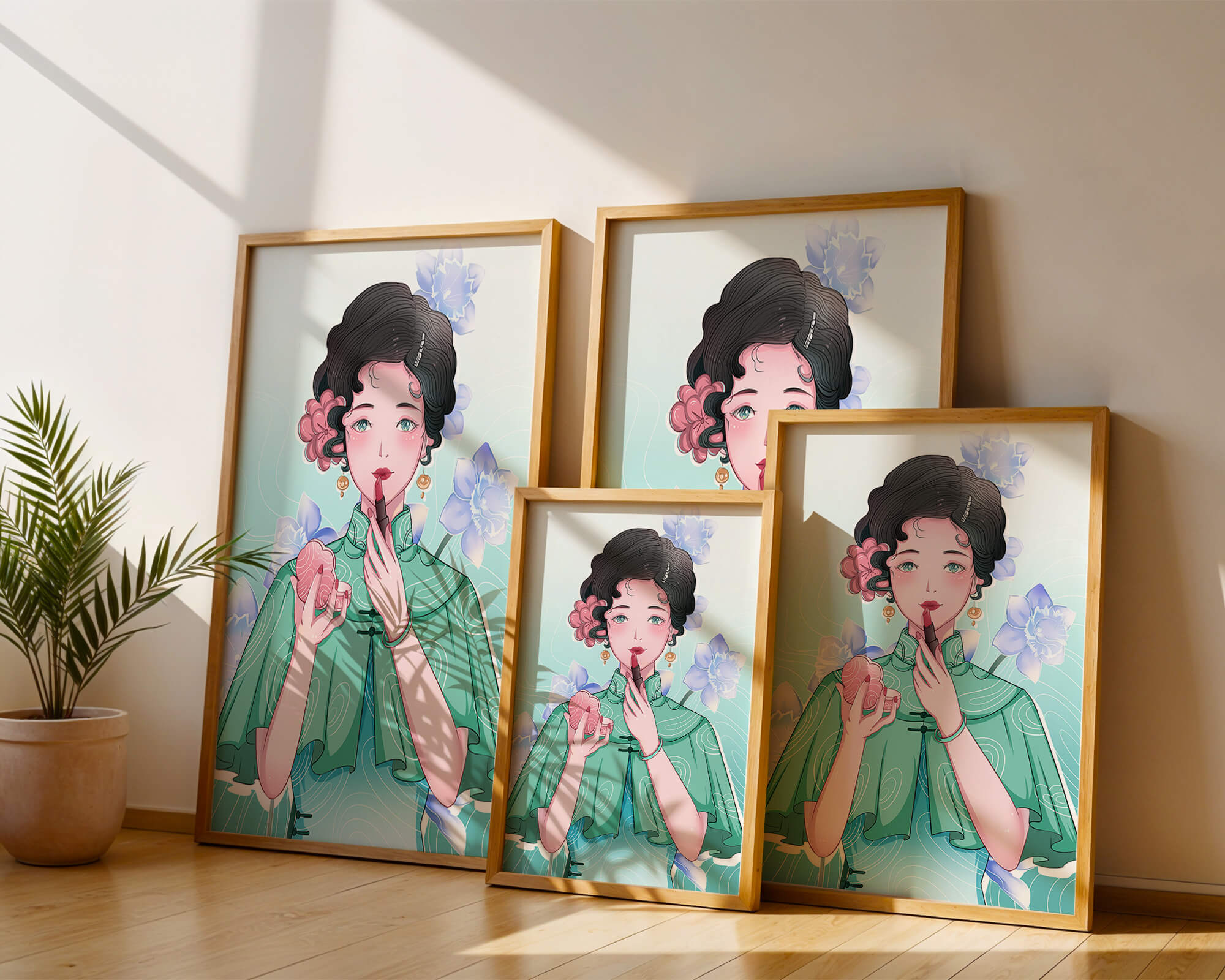 Woman applying lipstick with elegant floral background