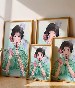 Woman applying lipstick with elegant floral background