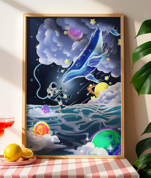 Astronaut Exploring a Surreal Cosmic Ocean with a Glowing Whale