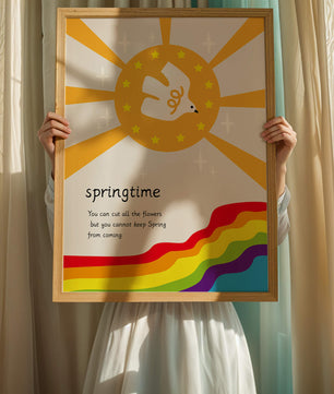 Colorful springtime illustration with dove and rainbow