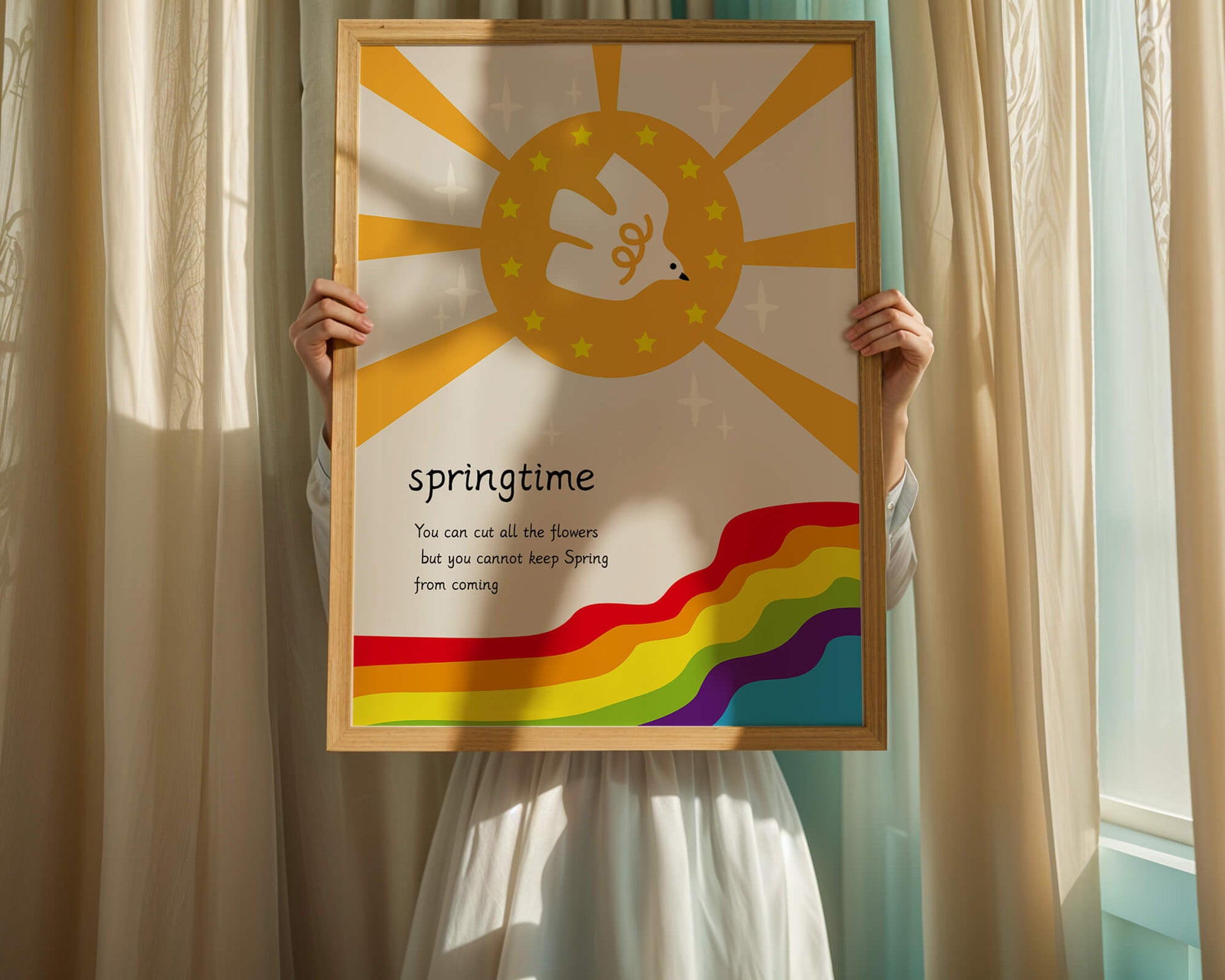 Colorful springtime illustration with dove and rainbow