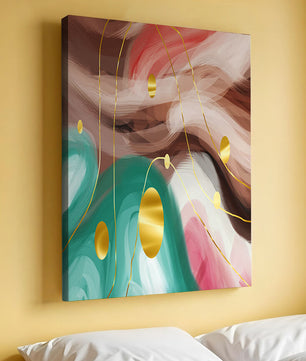 Diseño abstracto de remolinos coloridos con círculos dorados
