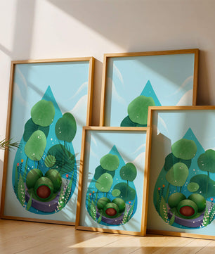 Nature-inspired abstract illustration with leaves and spheres