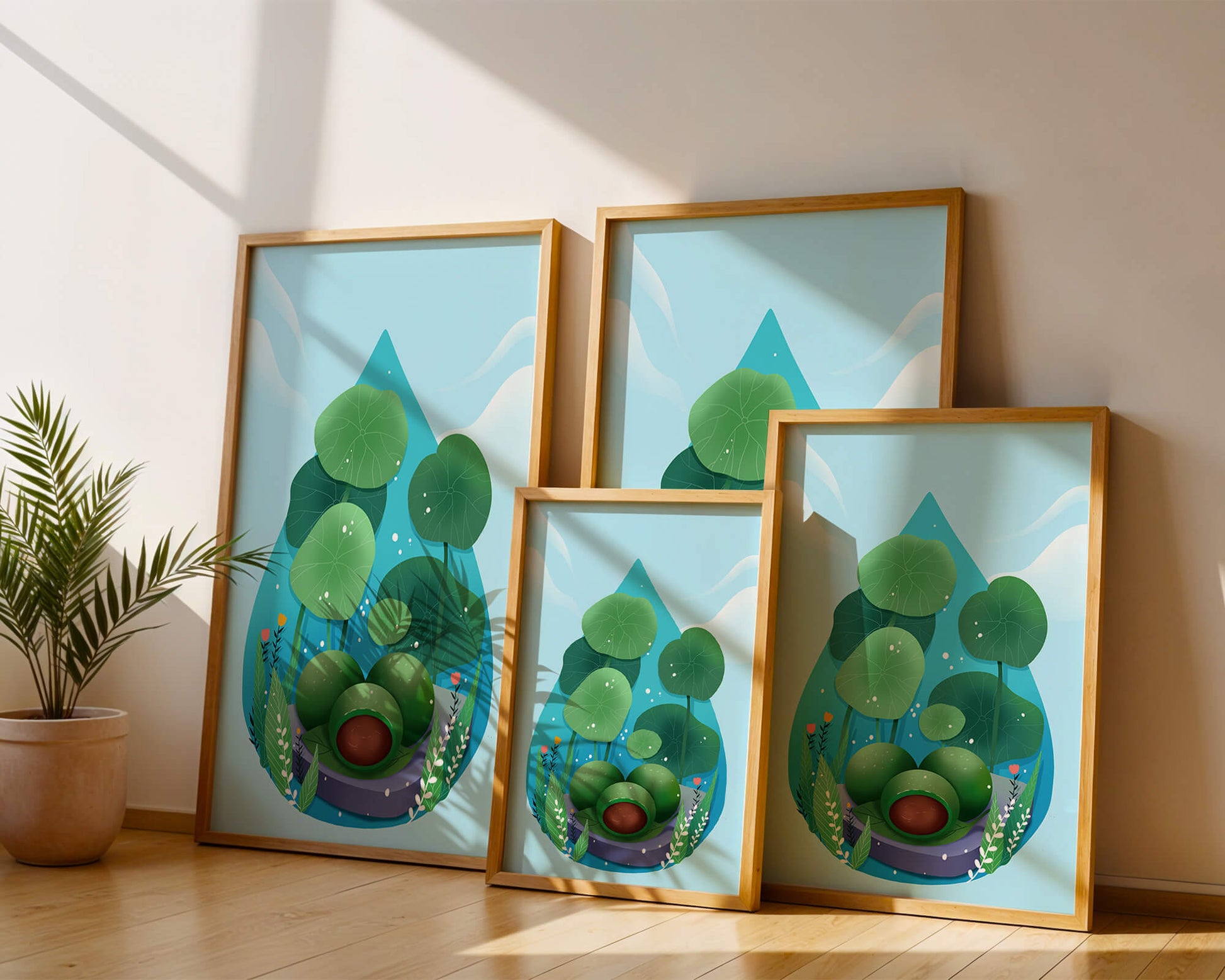 Nature-inspired abstract illustration with leaves and spheres
