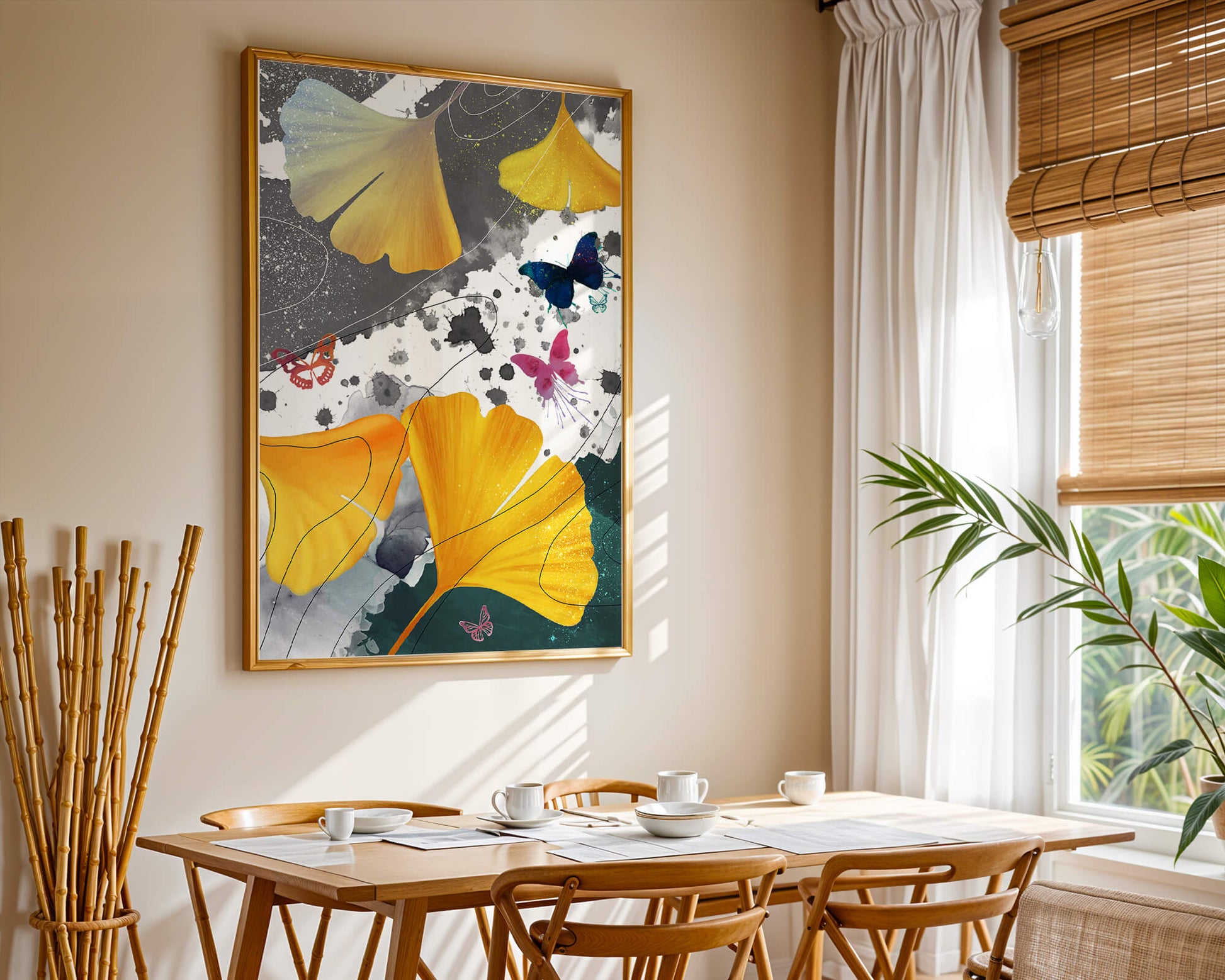 Composición artística con hojas amarillas y mariposas