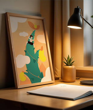 Man Climbing Giant Beanstalk Reaching to Sun in Minimalist Style - Mi tienda