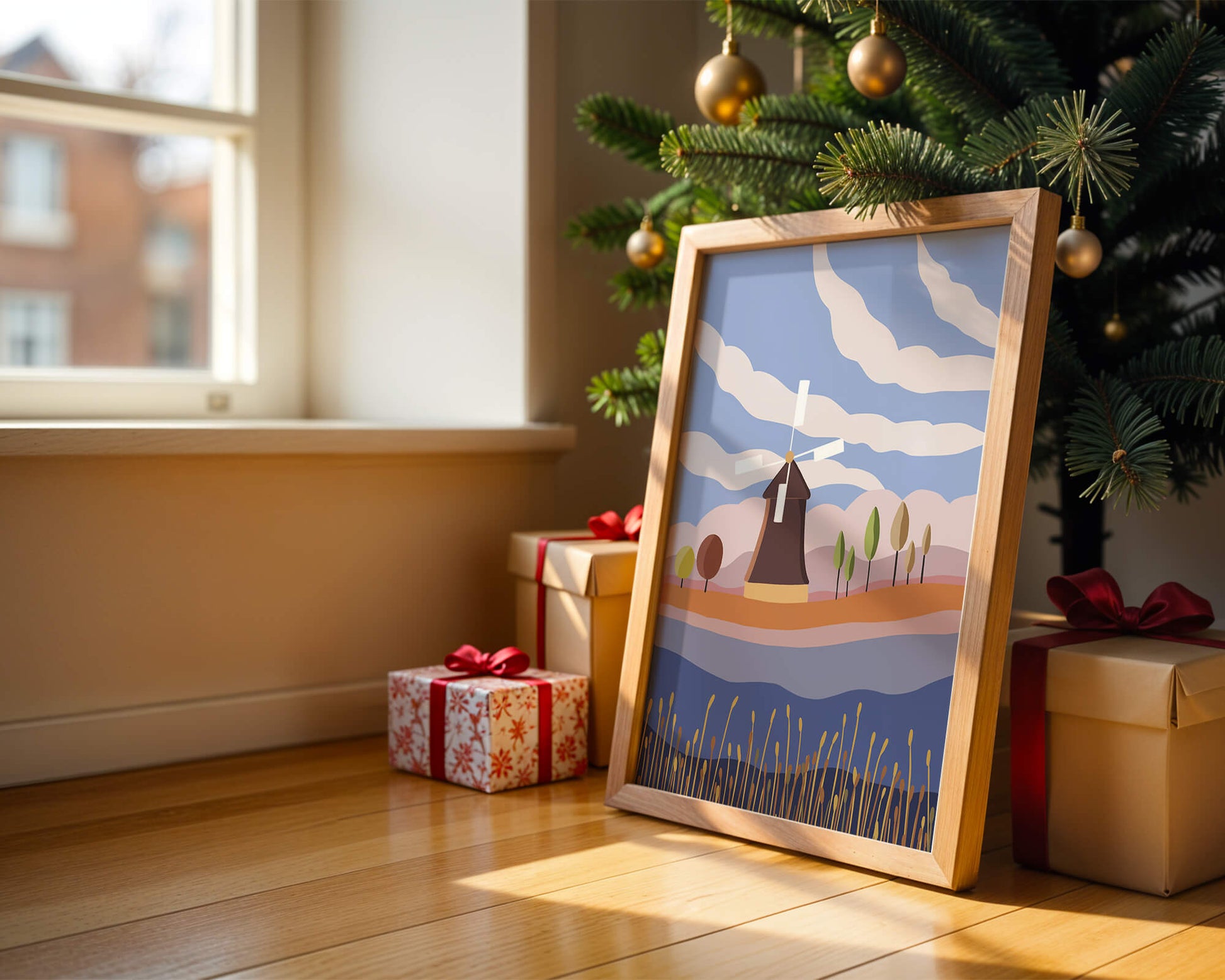 Colorful Landscape Featuring Windmill and Abstract Trees