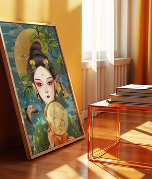 Elegante representación de una mujer con atuendo tradicional sosteniendo un abanico decorativo