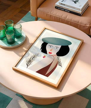 Mujer con sombrero azul y flor en estilo arte moderno