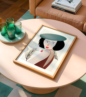 Woman with Blue Hat and Flower in Modern Art Style