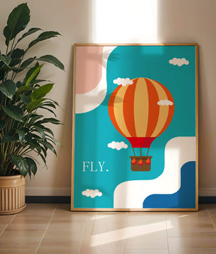 Bunte Heißluftballon-Illustration mit Wolken und abstrakten Formen