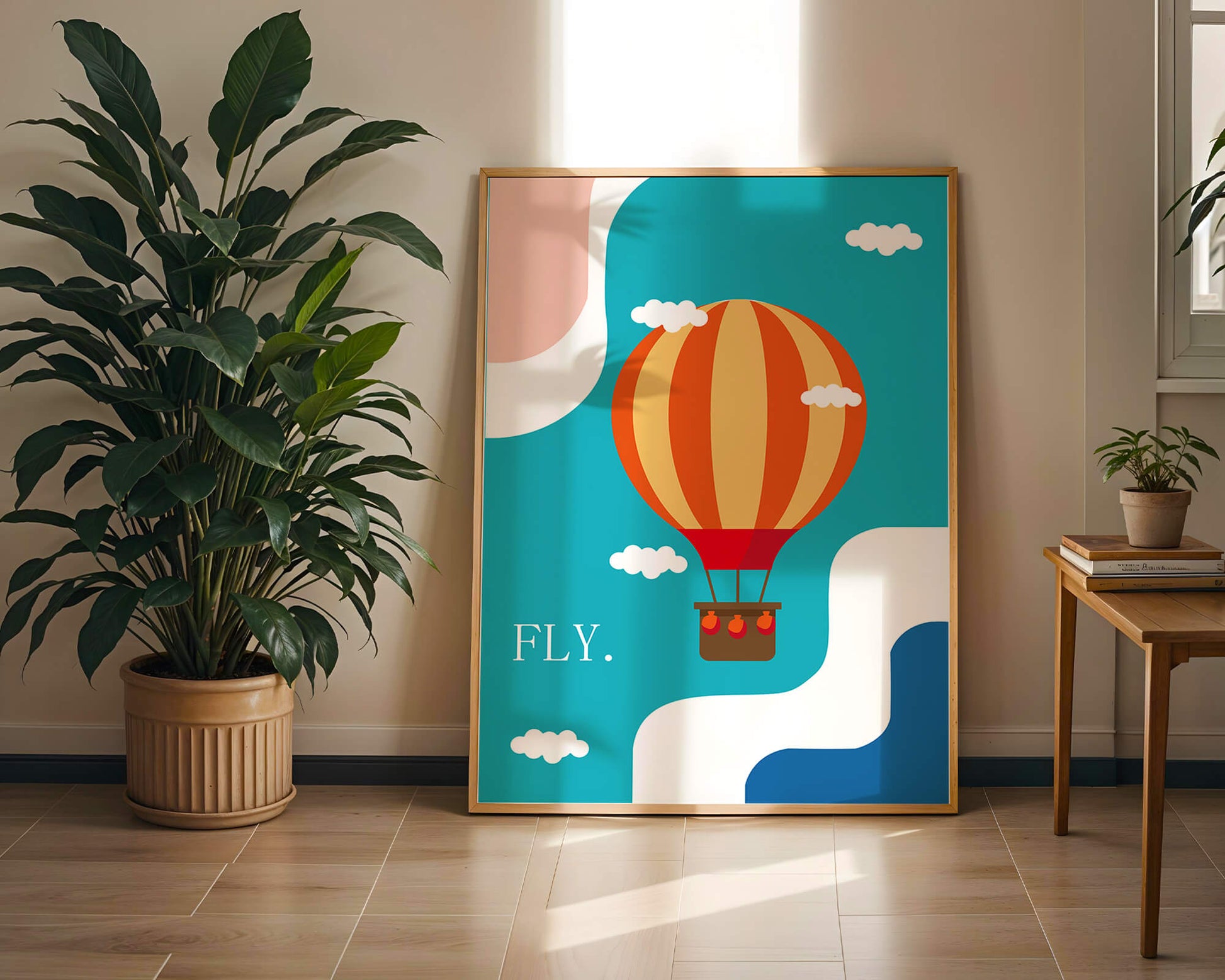 Bunte Heißluftballon-Illustration mit Wolken und abstrakten Formen