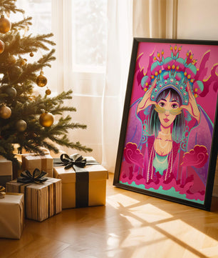 Ilustración colorida de una mujer con traje tradicional y tocado ornamental