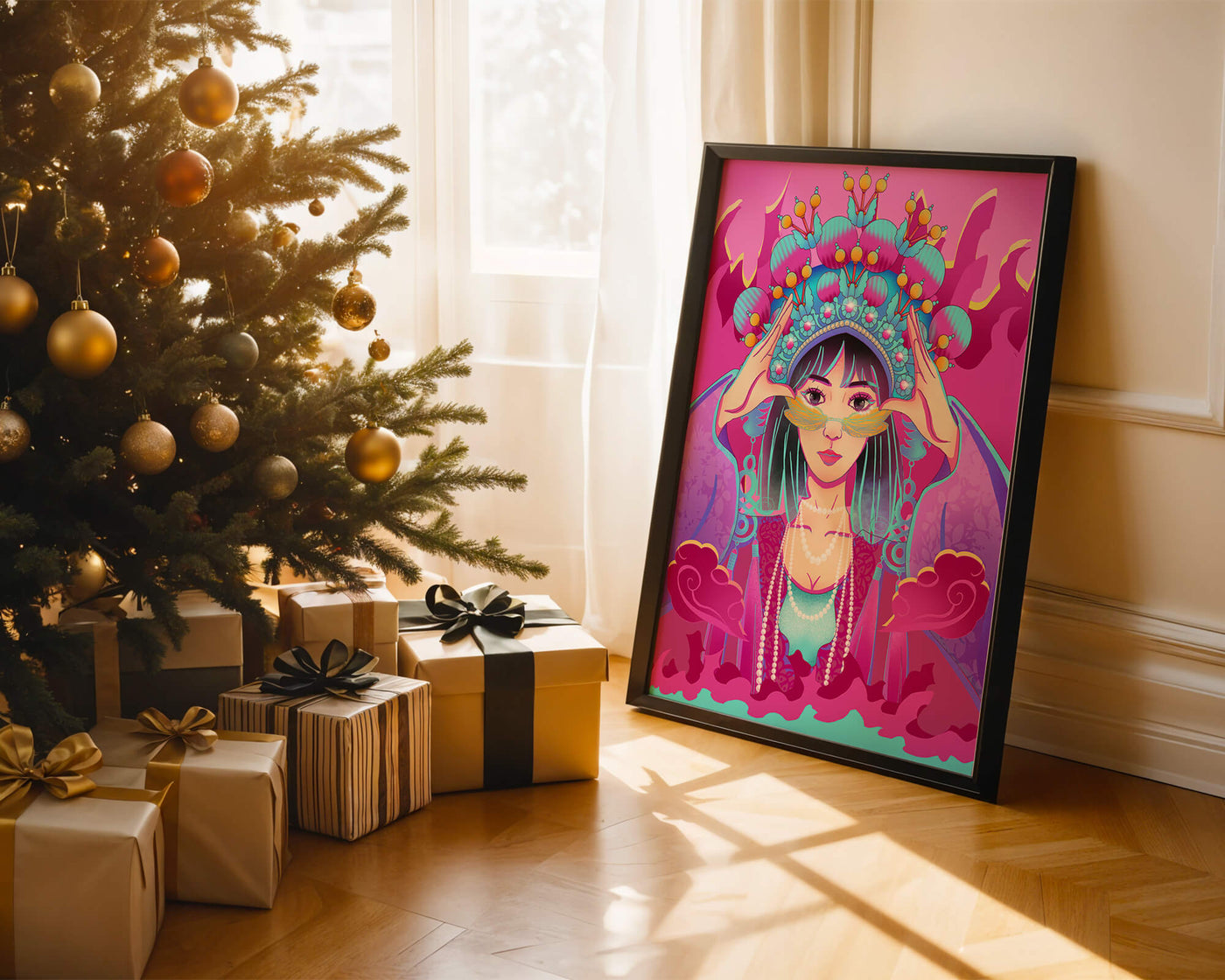 Colorful illustration of a woman in traditional costume with ornate headpiece