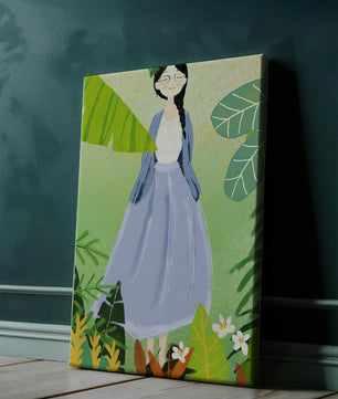 Serene illustration of a woman in nature with tropical leaves
