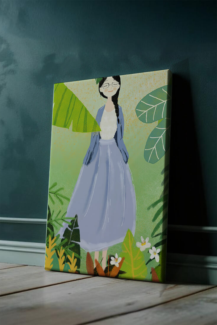 Serene illustration of a woman in nature with tropical leaves
