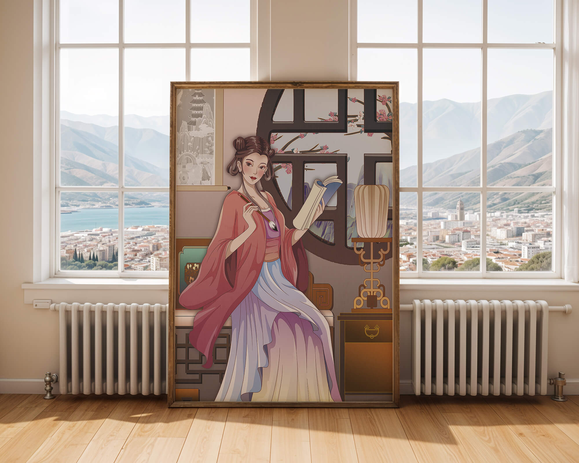Illustrated scene of a woman in traditional attire reading by a window