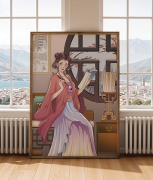 Illustrated scene of a woman in traditional attire reading by a window