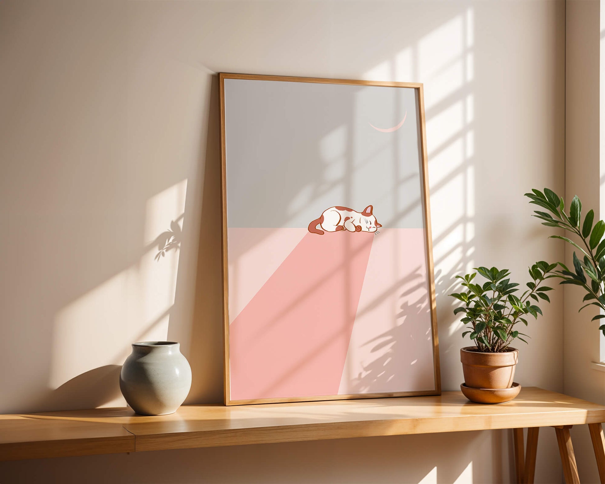 Sleeping Cat in Minimalistic Moonlit Scene