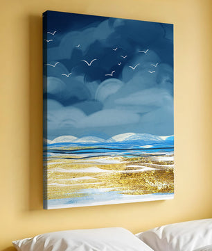 Meereslandschaft mit Vögeln in einer leuchtenden Blau- und Goldpalette