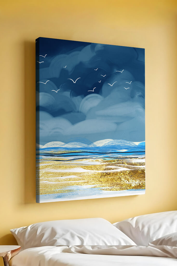 Seascape with Birds in a Vibrant Blue and Gold Palette
