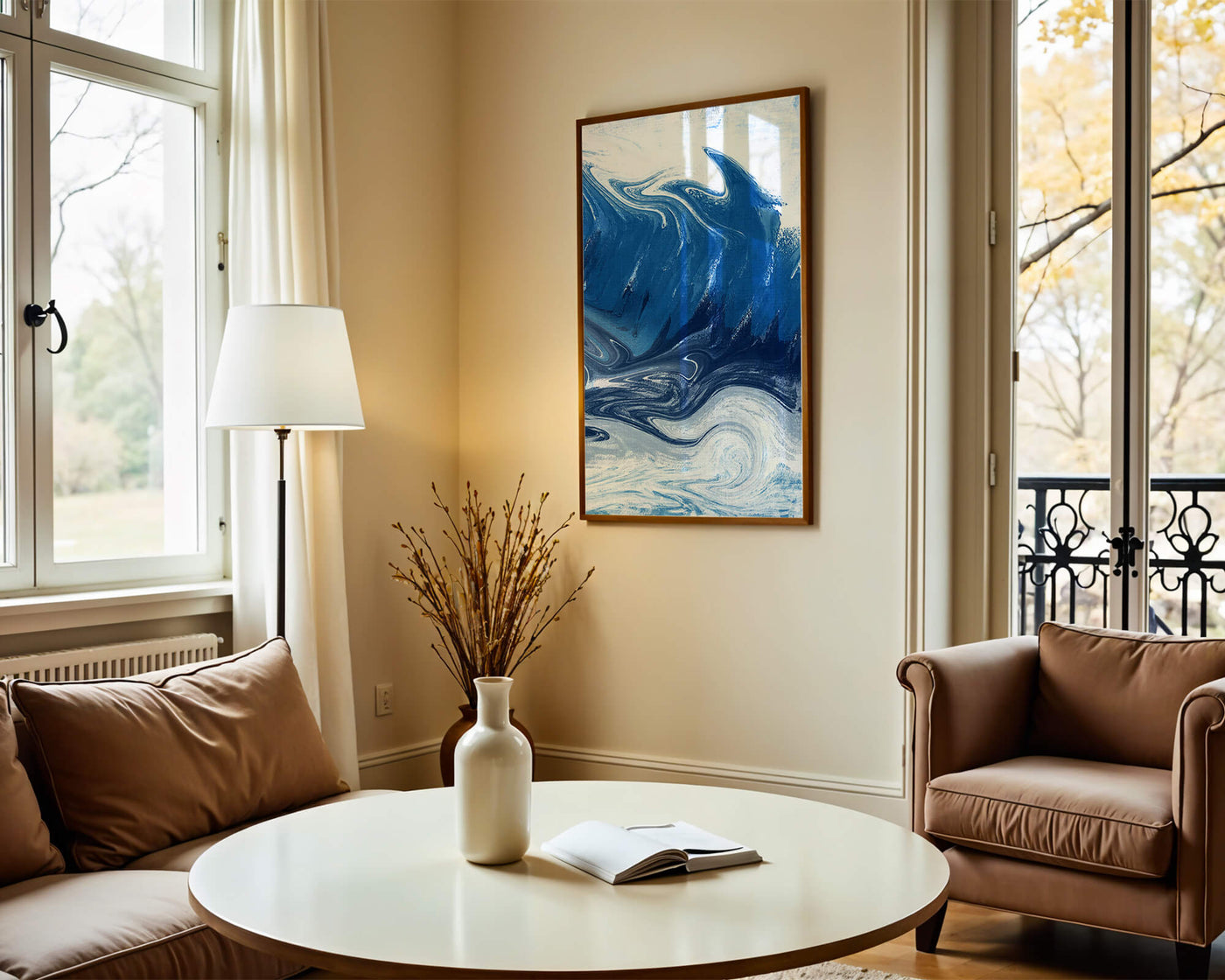 Abstract blue and white ocean wave painting with swirling patterns