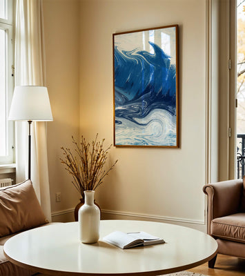 Abstract blue and white ocean wave painting with swirling patterns