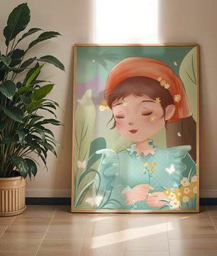 Ilustración serena de una chica en la naturaleza con flores y mariposas