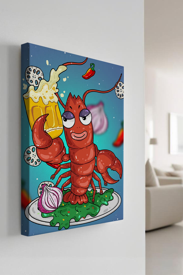 Playful cartoon lobster holding a beer in a whimsical setting