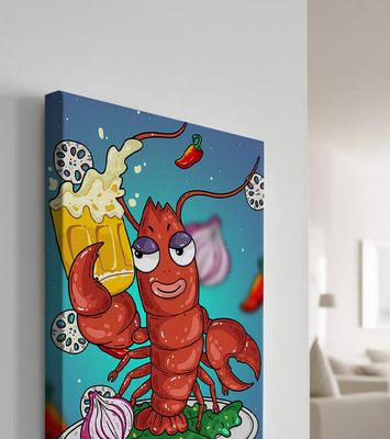 Playful cartoon lobster holding a beer in a whimsical setting