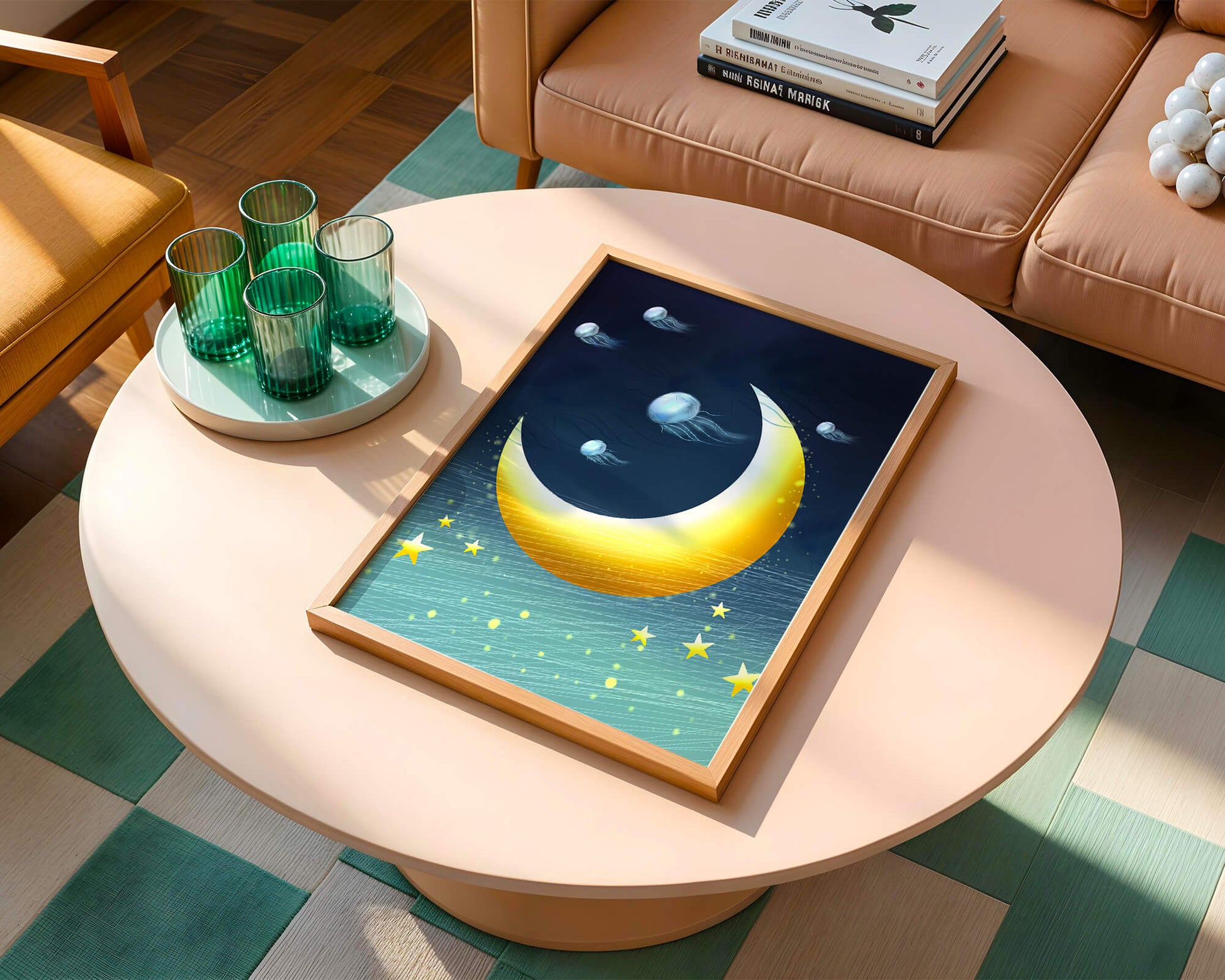 Night sky with golden crescent moon and jellyfish drifting