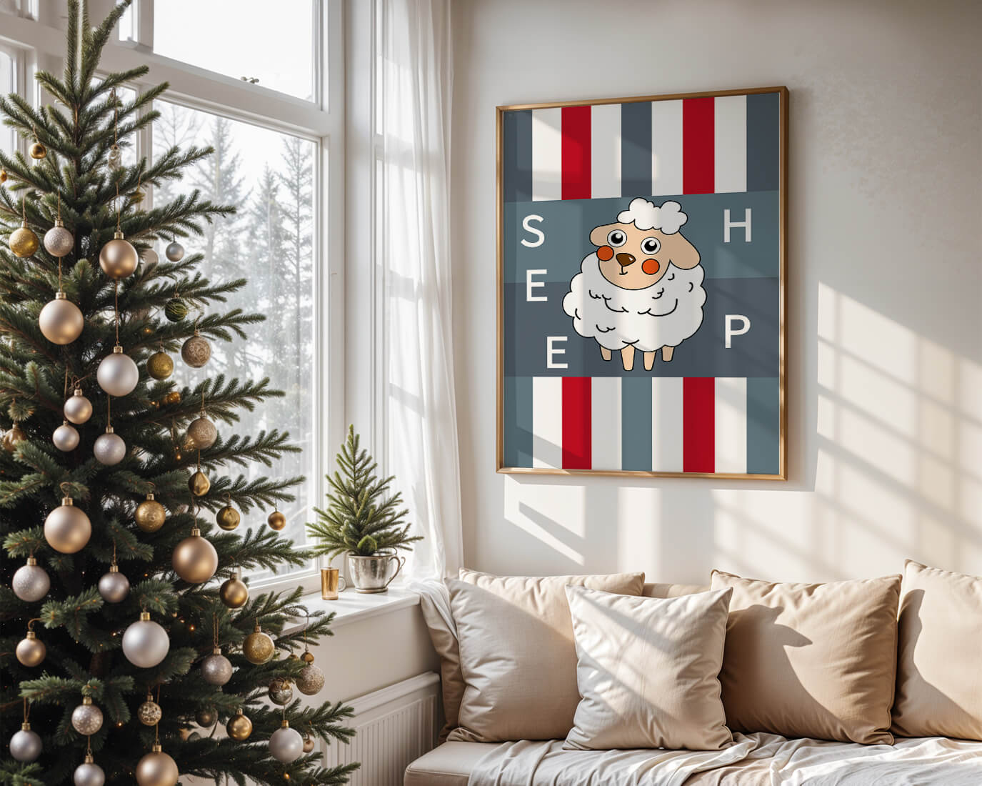 Playful sheep illustration on striped background