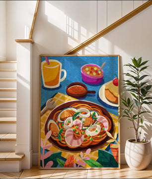 Escena ilustrativa de desayuno colorida con pasta y bebidas
