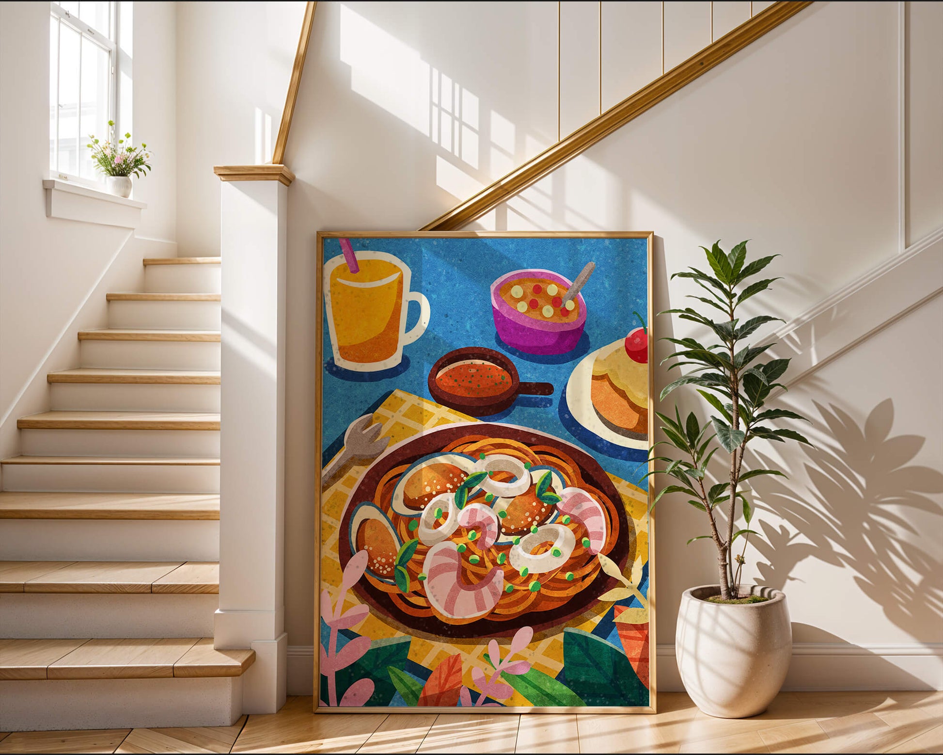 Colorful Illustrative Breakfast Scene with Pasta and Drinks