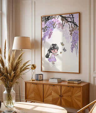 Charmante Illustration eines kleinen Mädchens mit Schmetterlingen und Glyzinienblüten