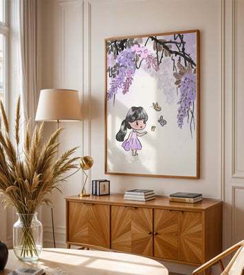 Charming illustration of a little girl with butterflies and wisteria flowers