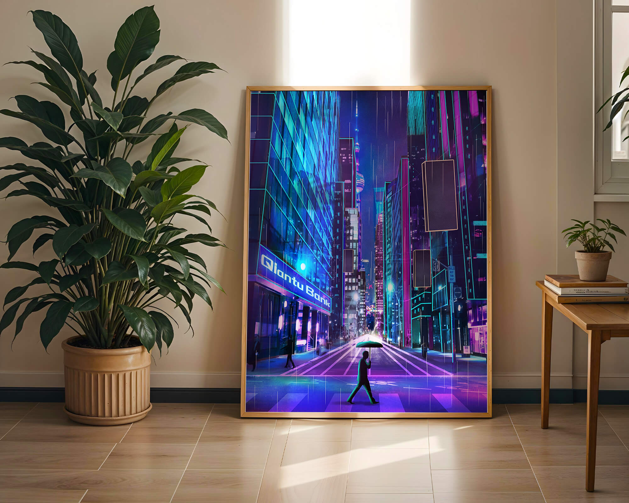 Futuristic urban street scene with neon lights and rainy atmosphere