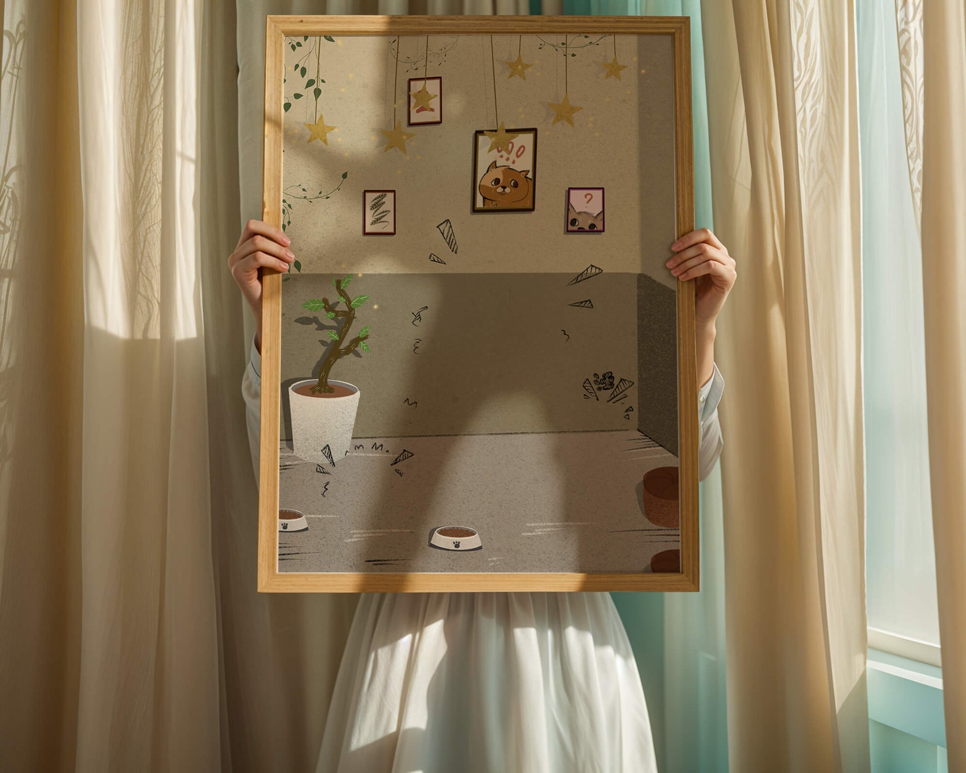 Cozy Room with Star Decorations and Cat Artwork