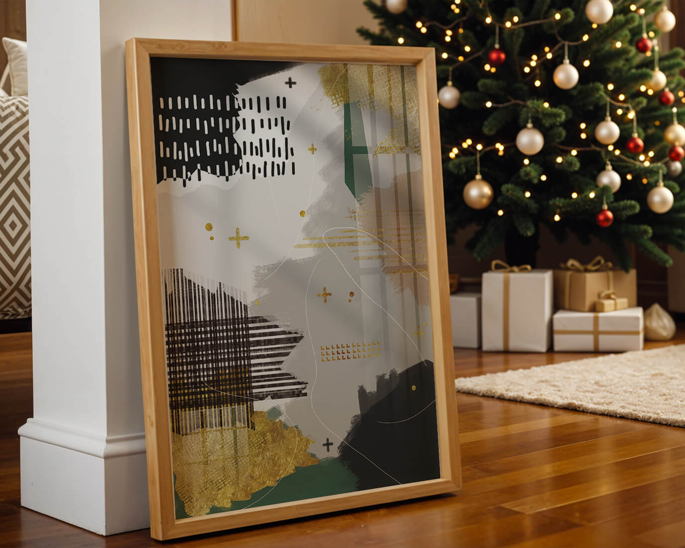 Abstract mixed media art with gold and geometric patterns