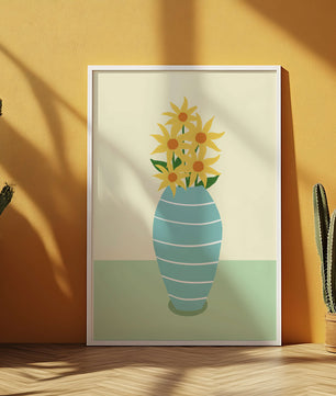 Yellow Sunflowers in a Blue Striped Vase on a Minimalist Background - Mi tienda