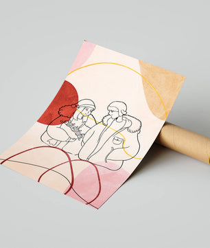 Romantic Illustration of Couple in Winter Fashion with Abstract Patterns - Mi tienda