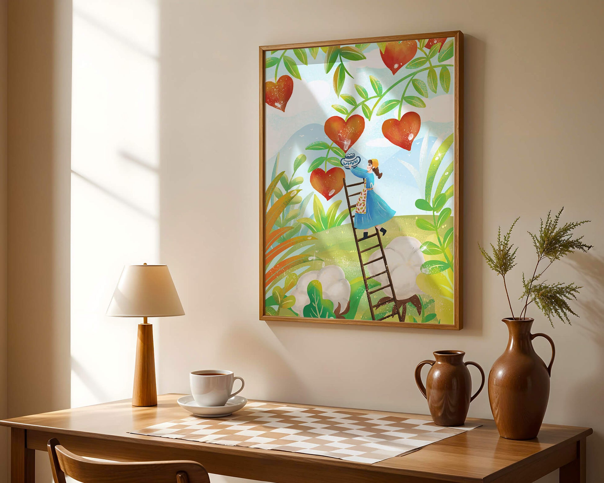 Mujer recolectando frutas en forma de corazón en el vibrante campo